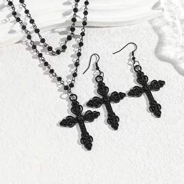 Gótikus Fekete Kereszt Medál Többrétegű Nyaklánc és Fülbevaló - GTVNNYFB