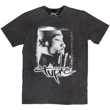 Tupac - Spray Photo - Unisex Kőmosott Póló - 2PACSTNW68MC