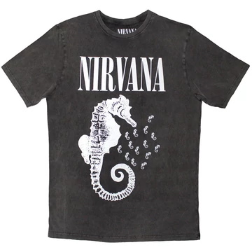 Nirvana - Seahorse &amp; Logo Mono - Unisex Kőmosott Póló - NIRVSTNW89MC