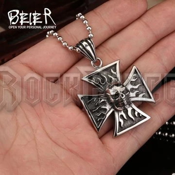 Skull Iron Cross Flames - acél medál BR-BP8-004