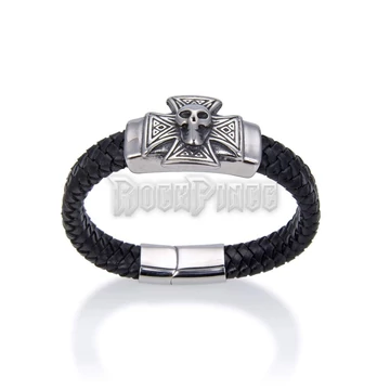 Fonott bőrkarkötő - Iron Cross Skull