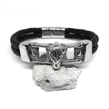 Kétszálú fonott bőrkarkötő - Wolf Head