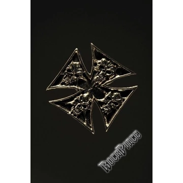 Vaskereszt koponyákkal - kitűző / fémjelvény