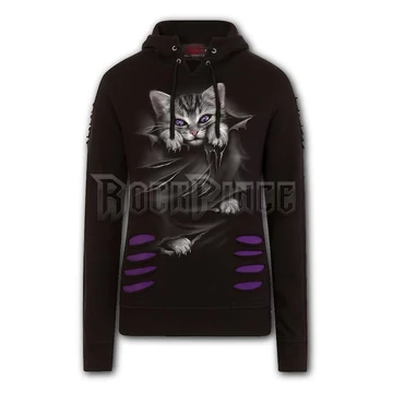 BRIGHT EYES - Large Hood Ripped Hoody Purple-Black (Plain) - F011F274