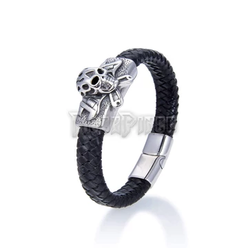 Fonott bőrkarkötő - Skull with Spanners