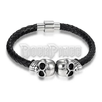 Fonott bőrkarkötő - Big Double Skulls