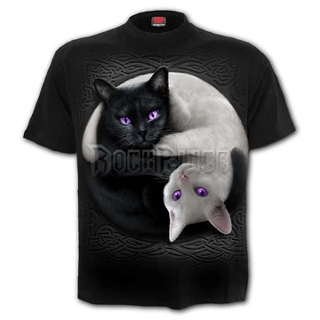 YIN YANG CATS - Front Print T-Shirt Black - F035M121