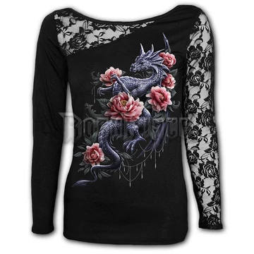 DRAGON ROSE SLANT - Lace One Shoulder Top Black (Plain) - T187F439