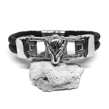 Kétszálú fonott bőrkarkötő - Wolf Head