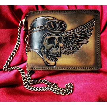 Biker Skull with Wings - barna bőr pénztárca lánccal