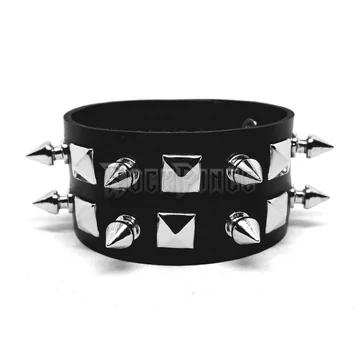 2 soros piramis- és tüske szegecses bőrkarkötő - 78#BR-2