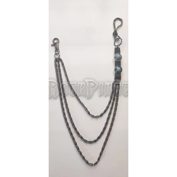 THREE IN A ROW WALLET CHAIN WITH TWO TURQUOISE STONES GUN METAL