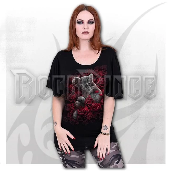 BED OF ROSES - Boat Neck Bat Sleeve Top Black - F060F719