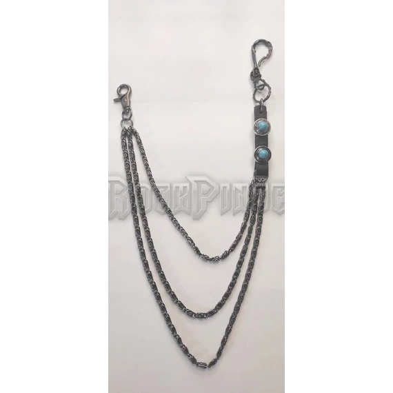 THREE IN A ROW WALLET CHAIN WITH TWO TURQUOISE STONES GUN METAL